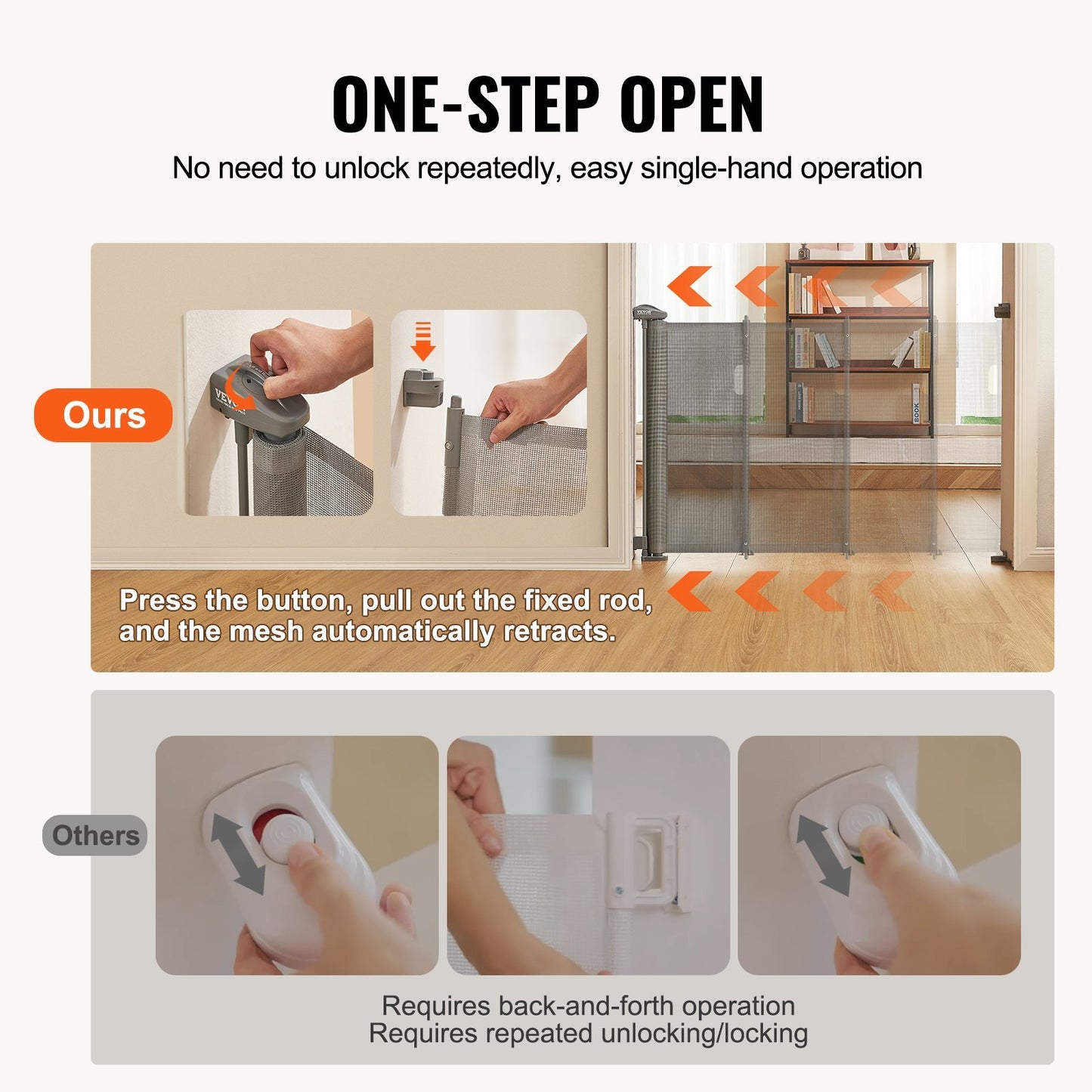 VEVOR Retractable Baby Gate, Tall Mesh Baby Gate, Extends Up To 60 Wide Retractable Gate For Kids Or Pets, Retractable Dog Gates For Indoor Stairs, Doorways, Hallways, Playrooms, Gray