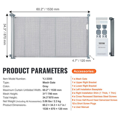VEVOR Retractable Baby Gate,  Tall Mesh Baby Gate, Extends Up To 60 Wide Retractable Gate For Kids Or Pets, Retractable Dog Gates For Indoor Stairs, Doorways, Hallways, Playrooms, Gray